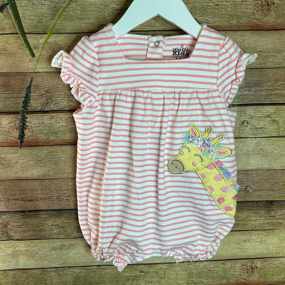 Pink Striped Baby Romper with Giraffe Design